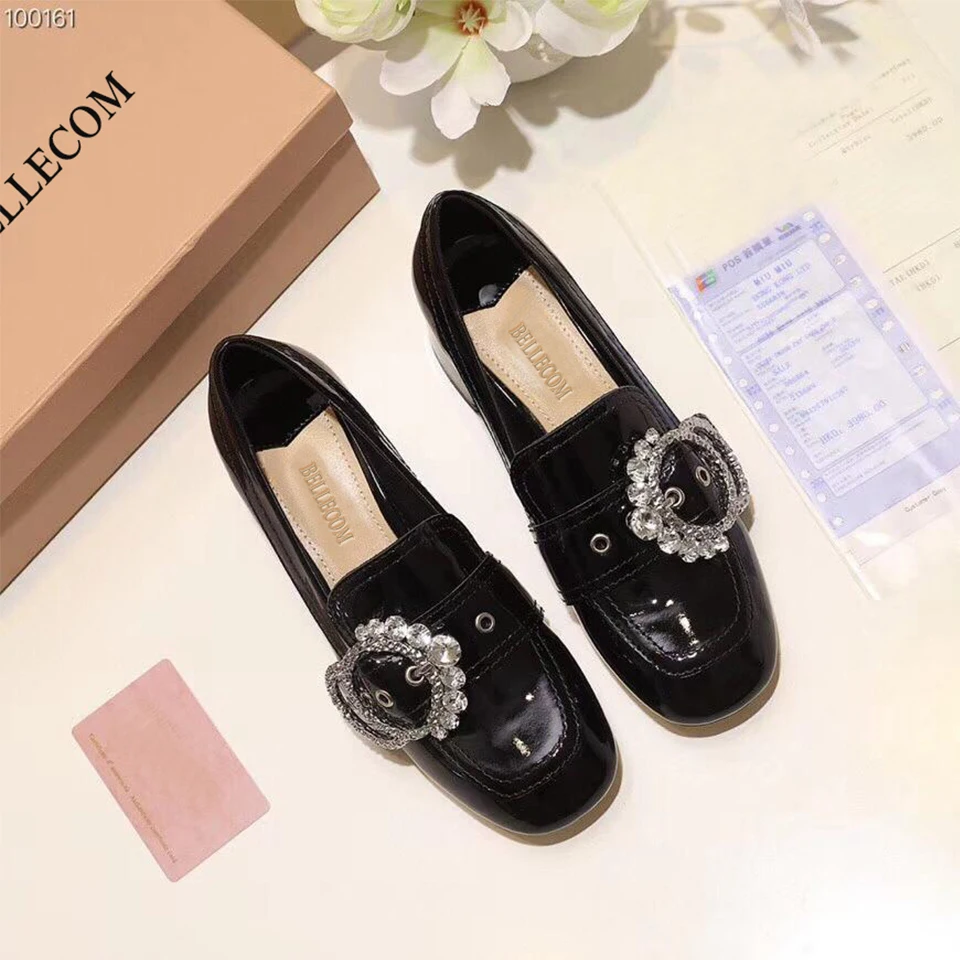 

BELLECOM 2019 Autumn New Type Coarse-heeled Water-drill Small Leather Shoes