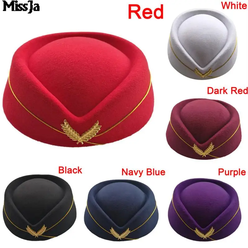 5 Colors Wool Felt Pillbox Air Hostesses Beret Hat Base Cap Airline Stewardess Sexy Formal Uniform Caps Accessory | Аксессуары для