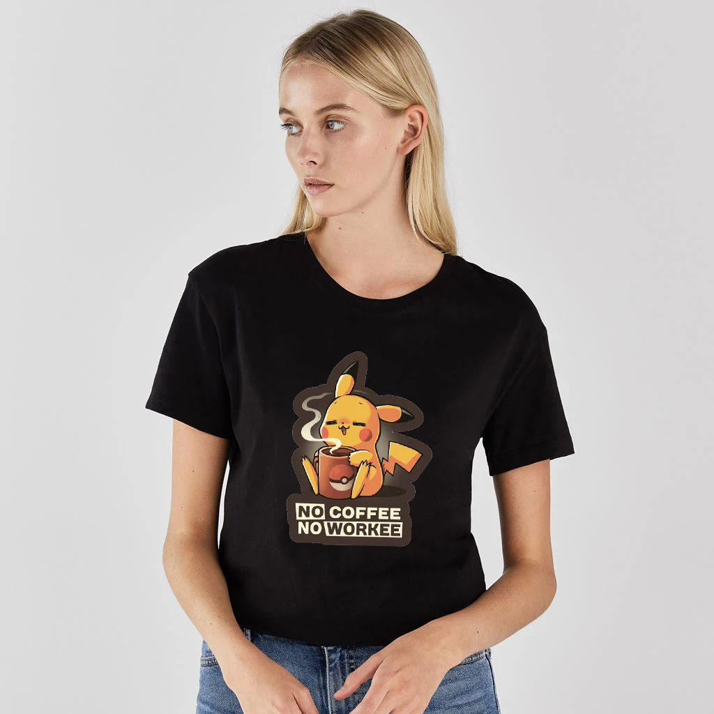 

Pokemon Pattern Women T Shirt NO COFFEE NO WORKEE Summer 2019 Cartoon Cute Loose Tshirt Short Sleeve Top Slim Fit Soft Girls Tee