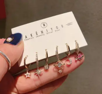 

Pearl 6 piece small pentagram and octagonal universe lightning rhinestone women earrings cooper