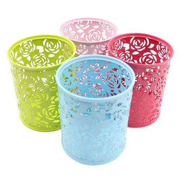 

1 PC Metal Hollow Rose Flower Design Cylinder Pen Pencil Pot Holder Storage Pen Case Office Stationary Supplies