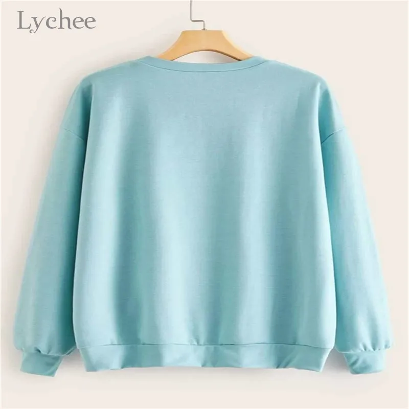 Lychee Harajuku/женская футболка с вышитыми японскими буквами, Повседневная Весенняя женская футболка, свободные женские пуловеры с круглым вырезом