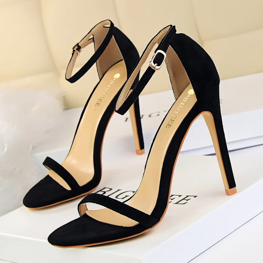 Mazefeng/Новинка года; летние женские босоножки; повседневная женская обувь из флока; женские босоножки с пряжкой; свадебные туфли на высоком тонком каблуке 11 см - Цвет: Черный