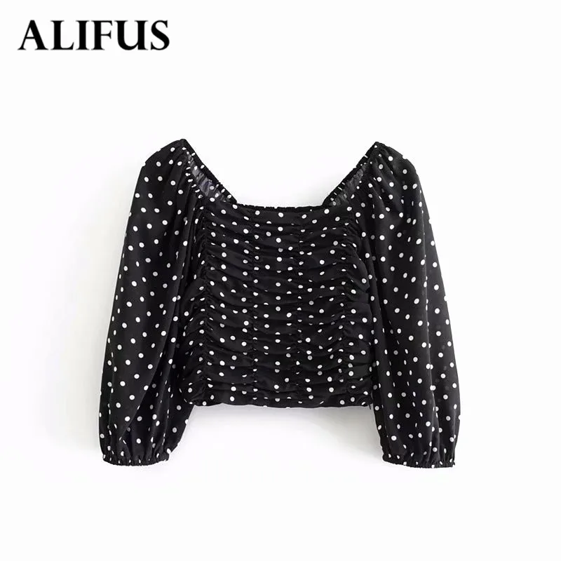 

Fashion Za Polka Dots Off Shoulder Lantern Sleeve Chiffon Blouse Shirt Slim Waist Female Autumn Pullovers Casual Tops Mujer