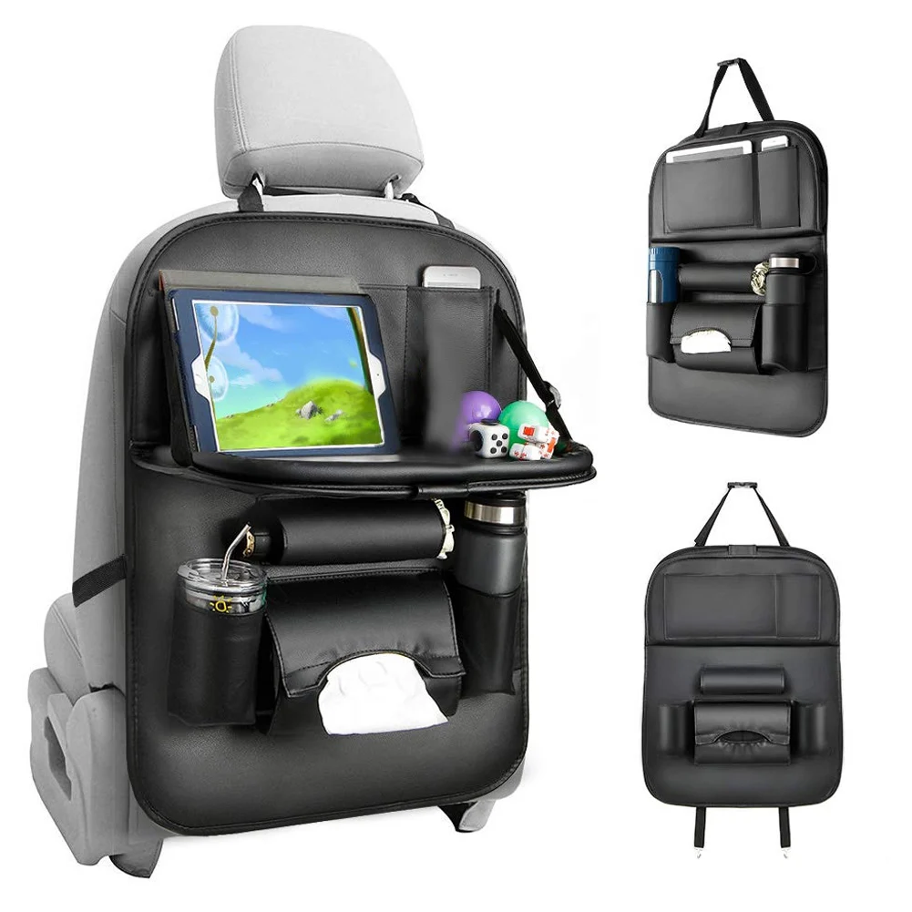

New Car Backseat Organizer Foldable Table Holder PU Leather Kick Mat for Bottle Tissue Box Kid Toys