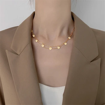 

Gold Disk Pendants 925 Silver Necklace Jewelry Minimalism Chocker Kolye Vintage Collier Bijoux Femme Women Double Layer Necklace
