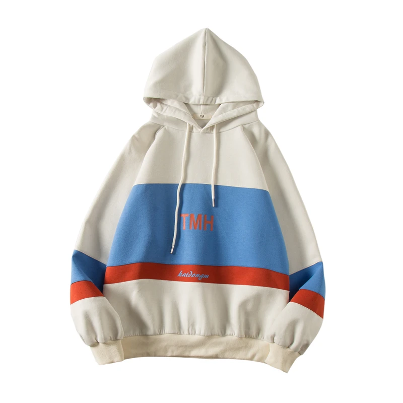 creamy-white Осенние новые толстовки для мужчин модные буквы узор контрастные цвета Повседневный пуловер с капюшоном человек уличная хип хоп свободная хлопковая толстовка - Цвет: creamy-white