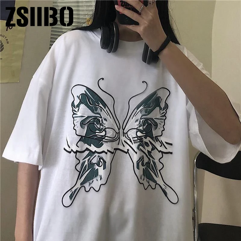 Goth Streetwear Short Sleeve Top Tee Female Kawaii y2k mujer gothic футболка Harajuku butterfly Print Black Crop Women T-shirts