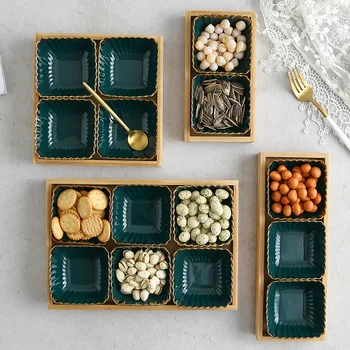 

Green Golden Inlay Ceramic Dish Fruits Platter Creative Porcelain Snack Dessert Plate Natural Bamboo Serving Tray Holder