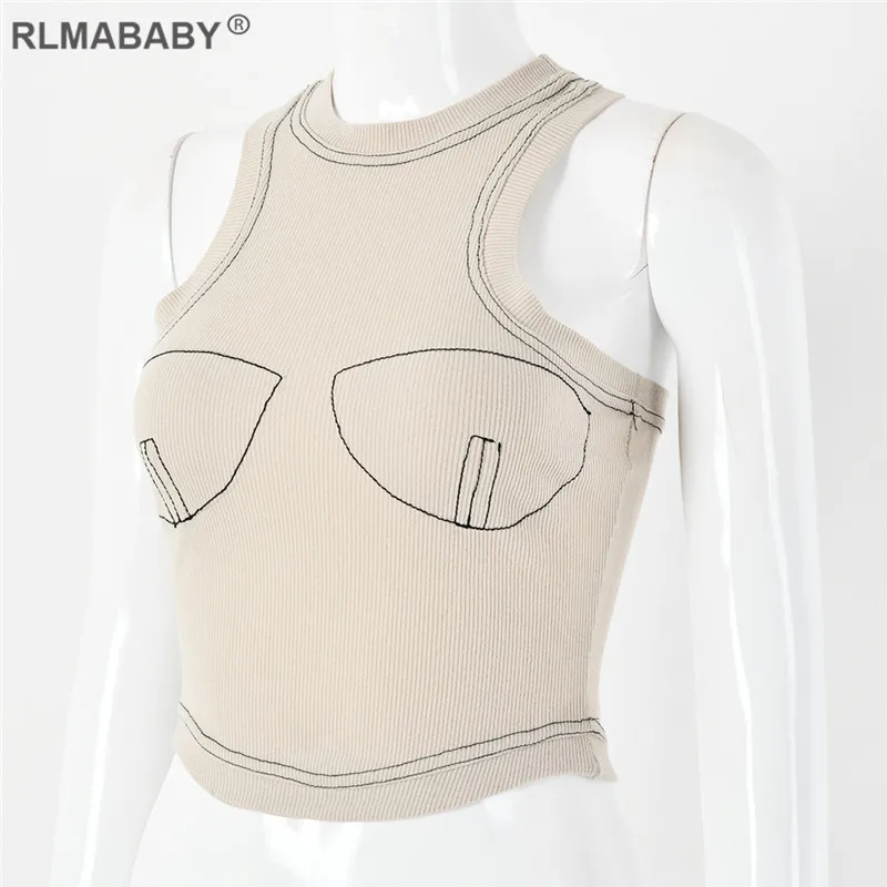 RLMABABY повседневная майка с вышивкой, тонкий круглый вырез без рукавов, с открытой спиной, сексуальное хлопковый топ на бретельках, ребристые женские топы
