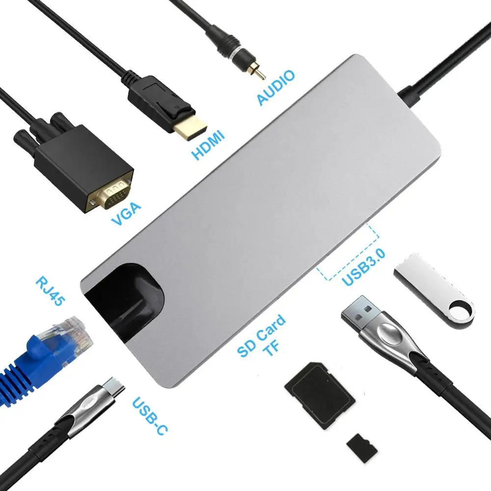 

USB-C HUB Type C HUB to VGA USB 3.0 Thunderbolt 3 HDMI 3.5mm Audio RJ45 Adapter for MacBook Pro Samsung Galaxy S9 USB C HUB