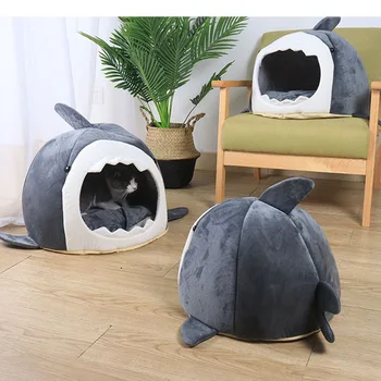 

Shark Shape Cat Bed Cave Little Dog Puppy Sleep House Cozy Velvet Winter Basket Detachable Cushion Mat Cute Cartoon Design
