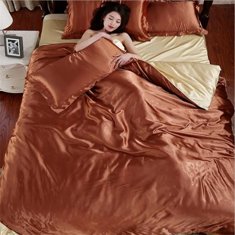 Sisher роскошный Шелковый пододеяльник, европейский и американский Комплект постельного белья для детей и взрослых, одноцветное постельное белье, двуспальное постельное белье King size - Цвет: Brown