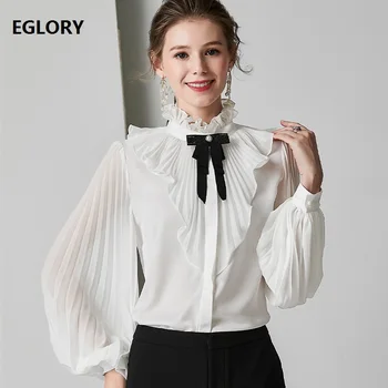 

High Quality Brand Blouse Shirt 2019 Autumn Style Women Ruffled Collar Bow Tie Elegant Tops Shirt Black White Blusas Feminino