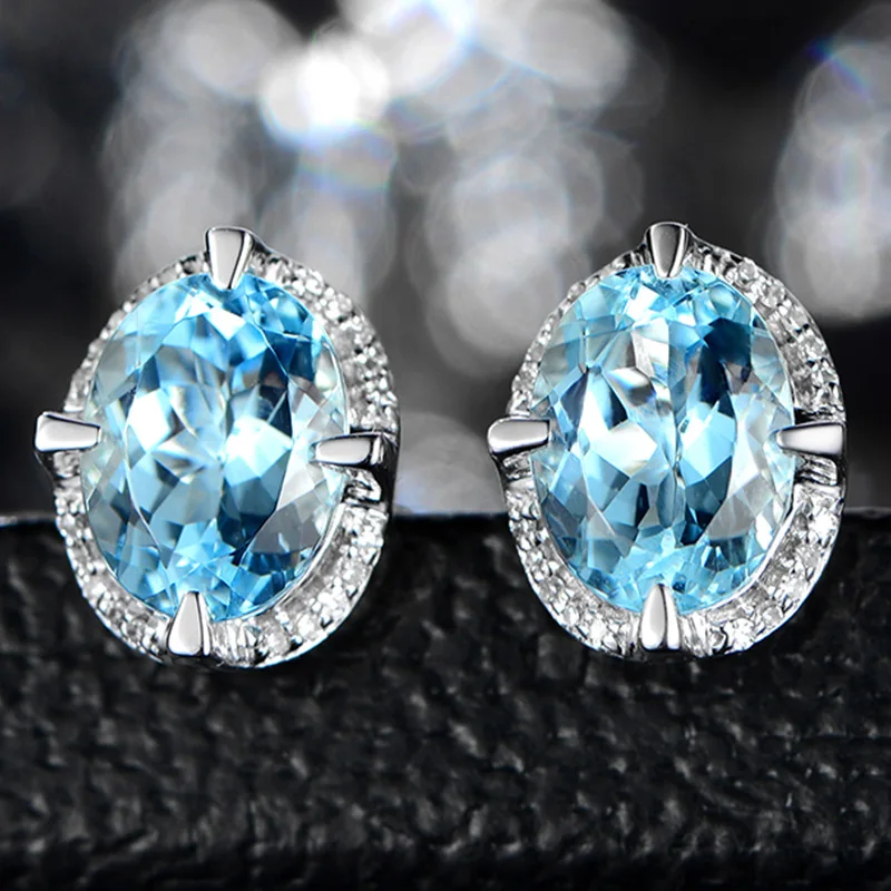 Luxury Female Crystal Light Blue Earrings Silver Color Oval Stud Charm Zircon Stone Wedding For Women | Украшения и аксессуары