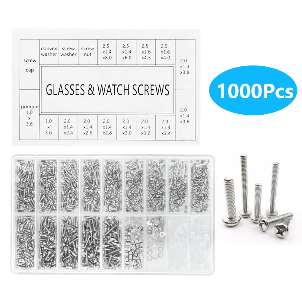1000Pcs/set Tiny Eyeglass Sun Glasses Screws Nut Assortment Repair Tool