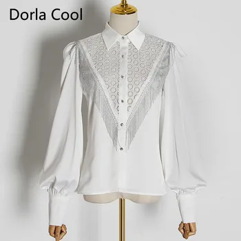 

New 2020 Spring Women Luxury Beading Tassel Blouse Lace Patchwork Embroidery Hollow Out Shirts Femme Lantern Sleeves Top Clothes