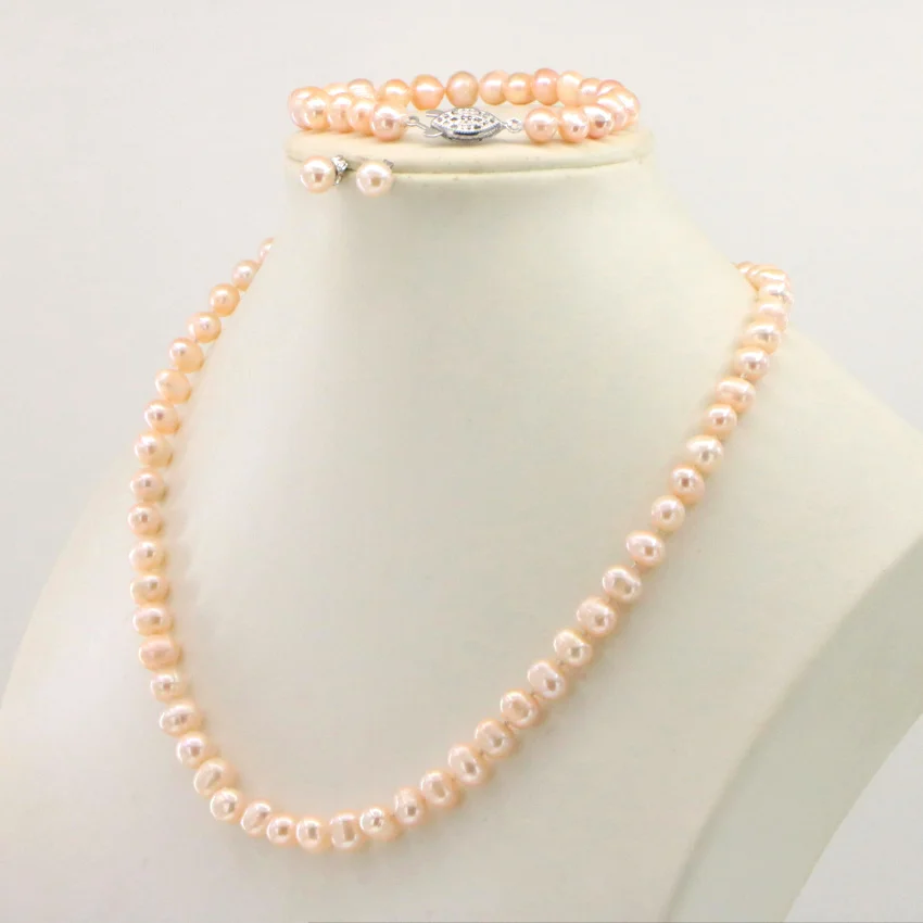 WUBIANLU 4 colors 7-8mm Pink Pearl Necklace Bracelet Earring Sets Women Jewelry Making Design Fashion Style Girl Gift Wholesale (5)