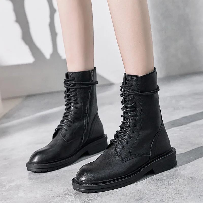 KemeKiss/женские ботильоны из натуральной кожи; повседневная женская обувь черного цвета; зимняя обувь на плоской подошве с круглым носком на молнии; обувь на шнуровке; Mujer; Размеры 35-39