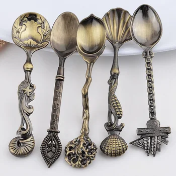 

5 Pcs/Set Kitchen Dining Bar Vintage Royal Style Bronze Carved Small Coffee Spoon Flatware Cutlery Mini Dessert Spoon For Snacks