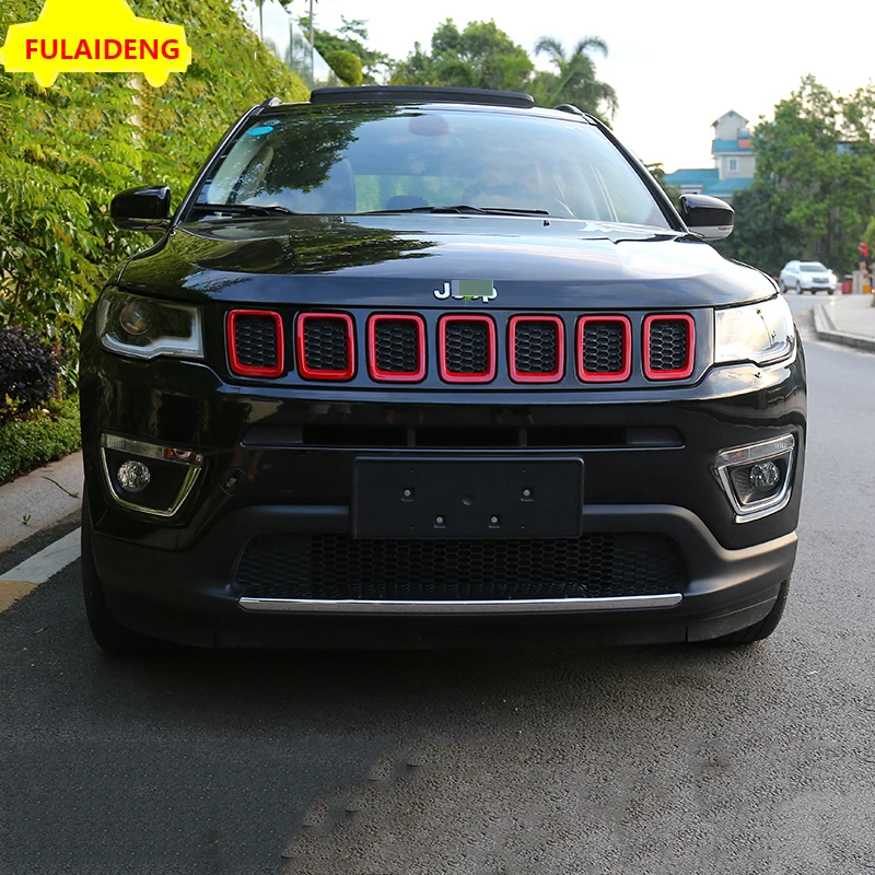 7 шт. для Jeep Compass- красный и черный ABS Хром Передняя решетка решетки сетки комплект вставок отделка автомобиля Стайлинг Аксессуары