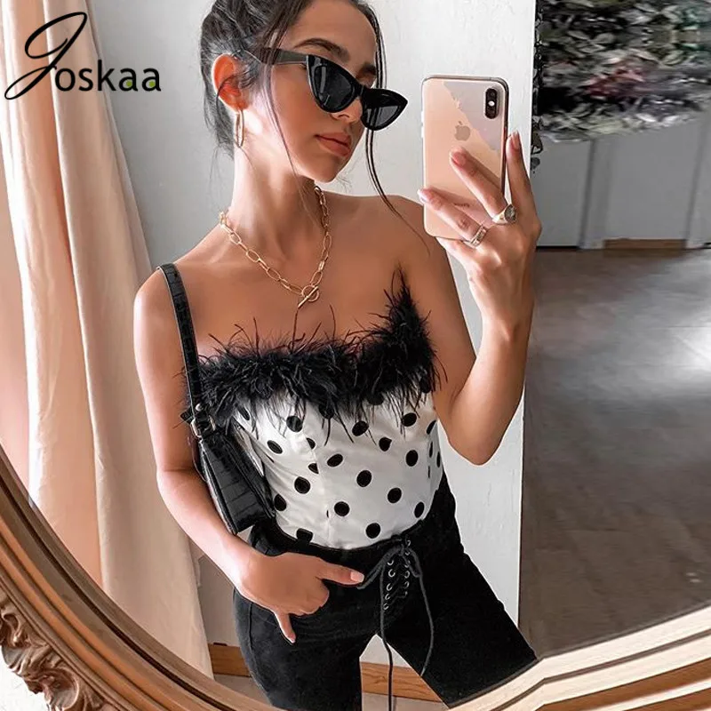 

Joskaa 2019 Polka Dots Fur Patchwork Sexy Crop Tube Top Autumn Winter Women Streetwear Club Outfits Women Clothing