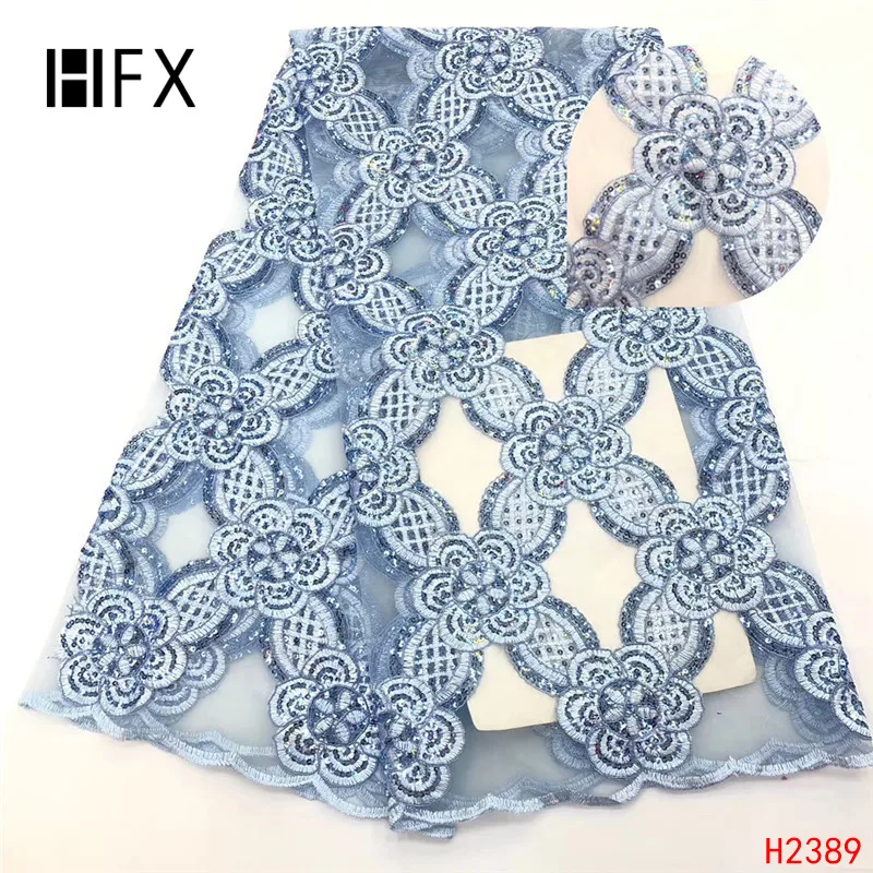 

HFX African French Sequins Lace Fabric 2019 Tulle High Quality Nigerian tulle Embroidered Lace Fabric for Wedding dress H2389