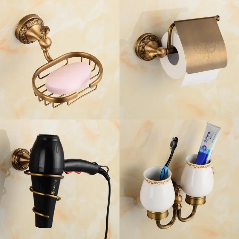 Retro Bathroom Accessories Set Wall Mount Antique Bath Towel Shelf Brass Rope Hook Copper Toothbrush Holder Brass Roll Paper Box