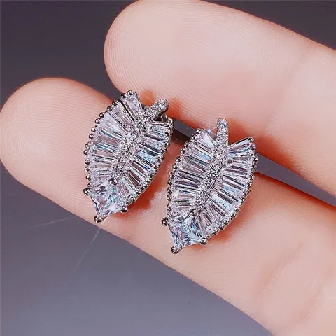 Plant Leaves Shaped Stud Earrings for Women with Princess Square Cubic Zirconia Silver Color Earrings Trendy Girl Jewelry