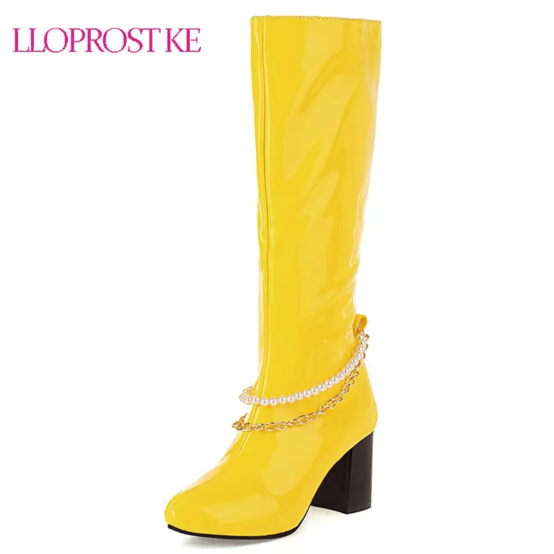 

Lloprost ke 2021 Women Knee High Boots Patent Leather Candy Color Ladies String Bead Boots Round Toe Square High Heel Boots