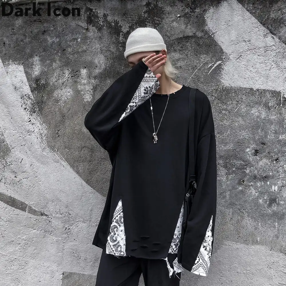 ダークアイコンバンダナパッチワークストリートファッション男性のtシャツ長袖ヒップスターtシャツ男性ストリート服 Tシャツ Aliexpress