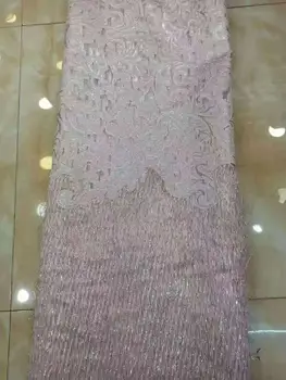 

Wholesale French fringed lace fabric with feather high quality handmade African glitter fabric for royal wedding dress CJB003