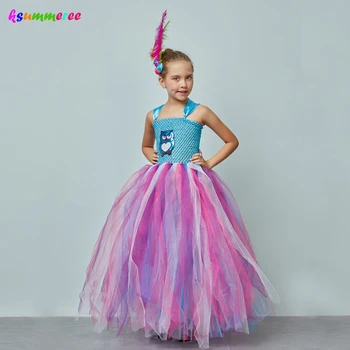 

Fluffy Girls Blue Owl Gown Tutu Dress With Feather Hair Clip Children Birthday Party Pageant Animal Costume Kids Photo Dress