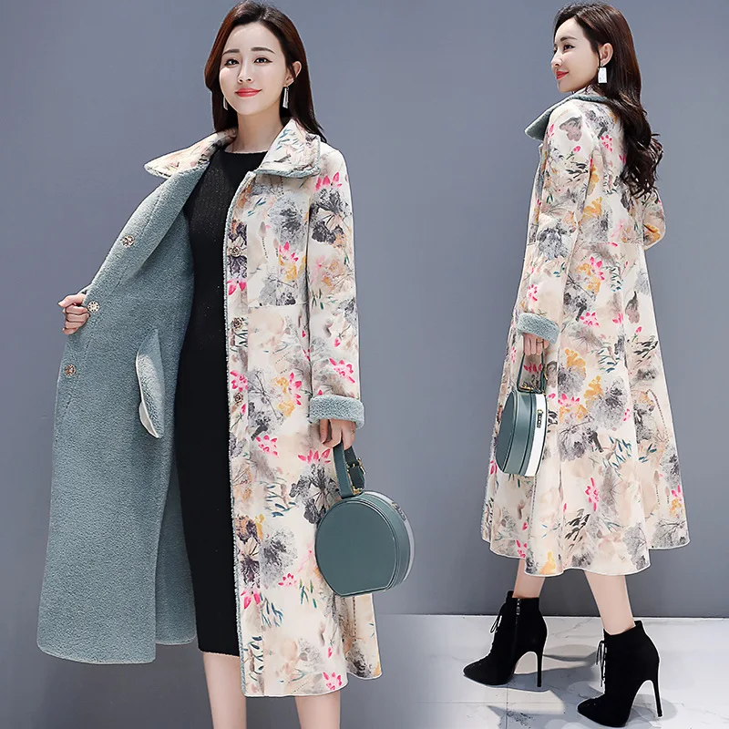 

Printed Thick Warm Coat 2019 Winter Style Large Size Dress Korean-style Loose-Fit over-the-Knee Long Fur Overcoat