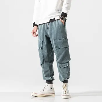 

Casual Many Pockets Cargo Pants Men High Quality Streetwear Cotton Loose Straight Elastic Waist Trousers