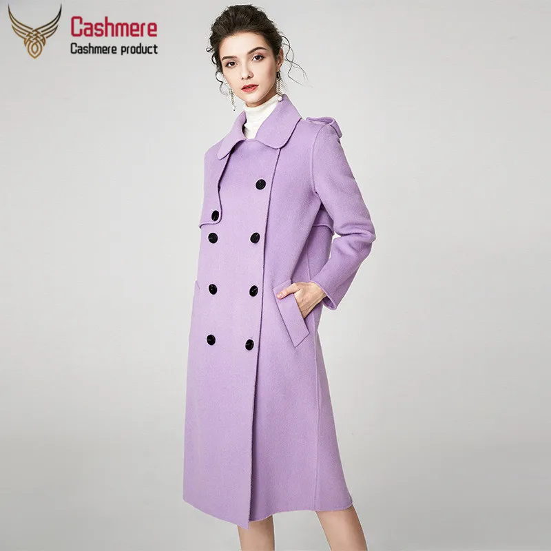 light purple Двухстороннее кашемировое Женское пальто высокого качества Осень Зима Новое двубортное длинное шерстяное пальто женское пальто свободного типа - Color: light purple