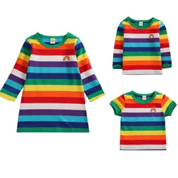 Повседневный пуловер с радугой для новорожденных и маленьких девочек, футболка, топы, платье в полоску