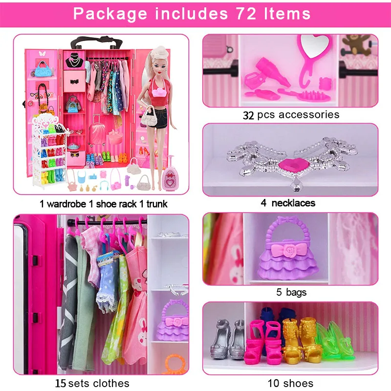 72 Pcs/Set Barbiees Doll Clothes Accessories=Wardrobe Shoe Rack Suitcase Clothes Hangers Shoes Random Bag glasses