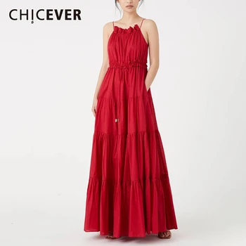 

CHICEVER Ruffles Party Dresses Women Square Collar Spaghtti Strap High Waist Ruched Dress Female 2020 Fashion Clothing Tide