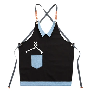 

Cotton Cook Apron Barista Bartender Chef Hairdressing Apron Catering Uniform Work Wear Anti-Dirty Overalls(Blue+Lack)