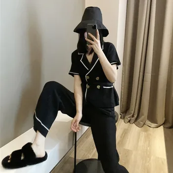 

2020 New Spring Women Tops Knitted Turn-down Collar Long Sleeve Double Breasted Drawstring Wide Leg Pants Full Length Fashion