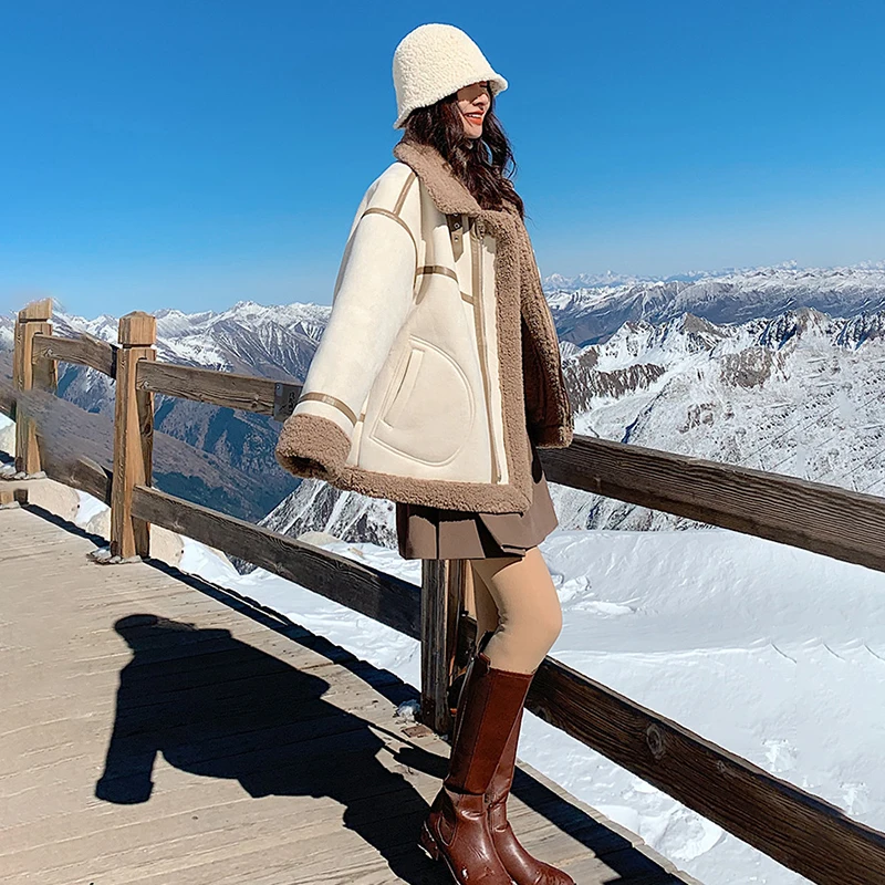 Бежевое пальто из ягненка Женская осенне-зимняя универсальная куртка 2021 новый