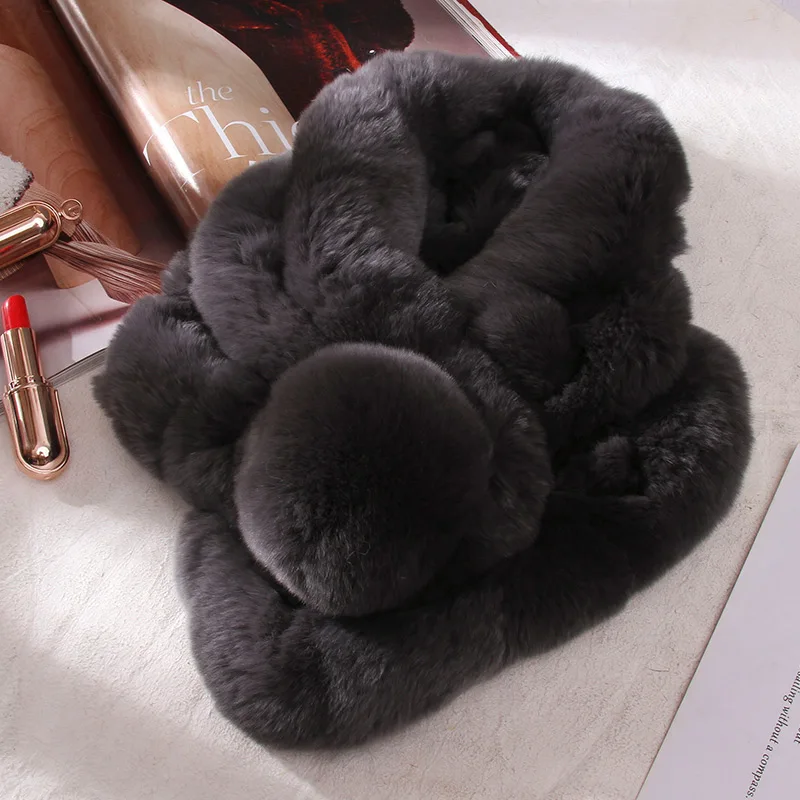 Dark Grey Зимний настоящий шарф из меха кролика рекс женский натуральный теплый плотный мех имитация глушителя женские качественные шарфы с шариком - Цвет: Dark Grey