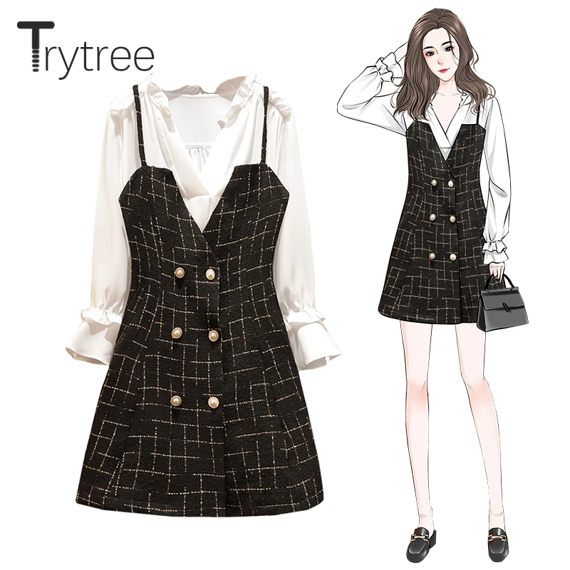 Trytree 2020 Spring Two piece set Casual V-neck Flare Sleeve White Blouse Top + Dress Sling Button Plaid Mini Set 2 Piece Set Trytree 2020 Spring Two piece set Casual V-neck Flare Sleeve White Blouse Top + Dress Sling Button Plaid Mini Set 2 Piece Set