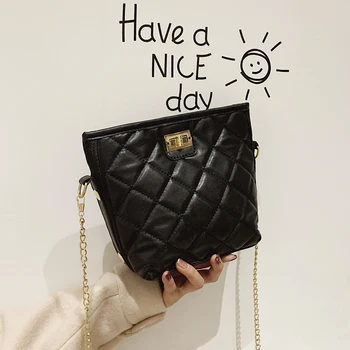 

Messenger Chain Bag For Women 2020 Pu Leather Ladies Black Diamond Lattice Crossbody Bags Designer Woman Bucket Shoulder Handbag