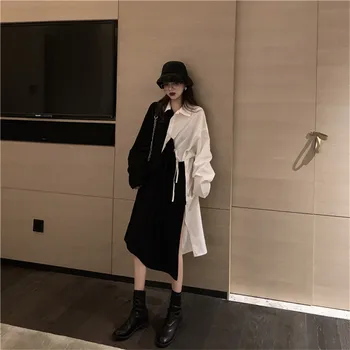 

New Design 2020 New Irregular Dress Elegant Long Sleeve Black White Patchwork Simple Shirt Dress Retro Loose Casual Midi Dress
