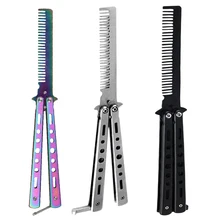 Foldable Comb Stainless Steel Practice Training Butterfly Knife Comb Beard Moustache Brushe Salon Hairdressing Styling Tool