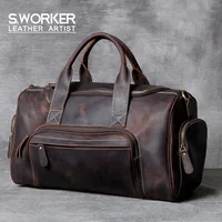 S.WORKER Vintage Genuine Leather Travel Bag  Crazy Horse Cowhide Leather Duffel Bag Men's Weekender Bag Gym Bag Carry on Luggage