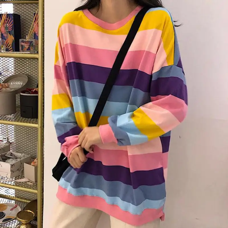 

Rainbow Stripe T-shirt Women Spring Autumn Long Student Coat Lazy Wind Long Sleeve Loose Large Size Tees Tops Women Clothes 2019