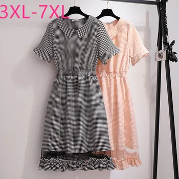 

Plus size midi dress for women 4XL 5XL 6XL 7XL new 2020 summer large short sleeve loose casual black pink plaid ruffle dresses
